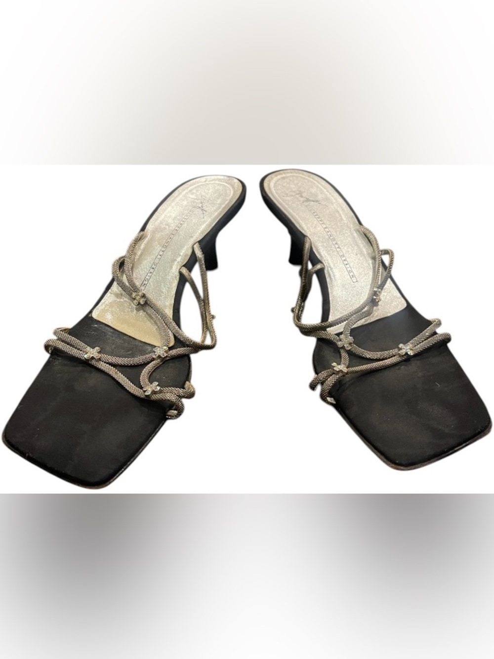 Giuseppe Zanotti Kitten Heel Black/Silver Rhinestone Strappy Sz EU 38.5 ~US 8.5